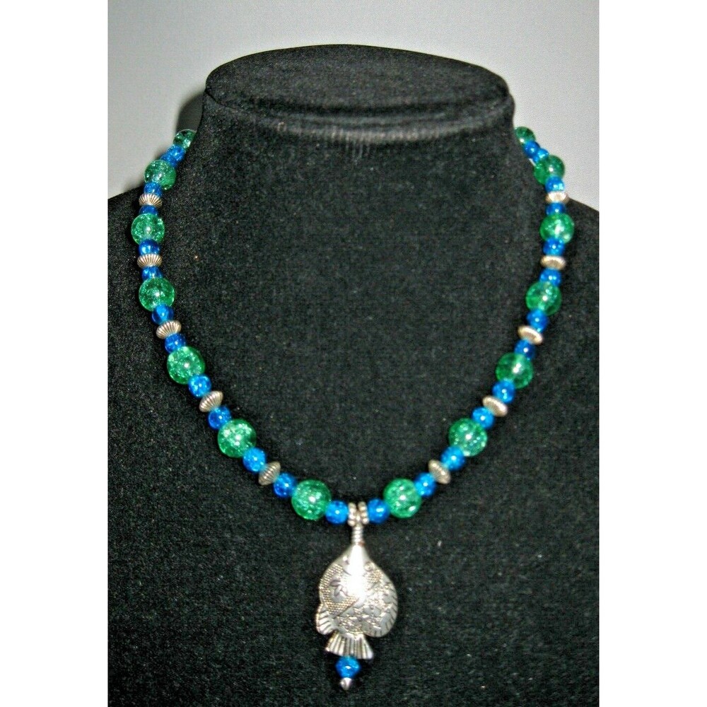 Crackle Glass Necklace Green & Blue  with Silver Tone Fish Pendant Handmade OOAK